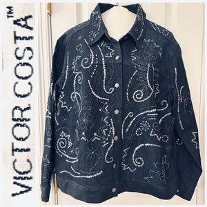 Victor Costa Jean Jacket Black denim silver sequin bead embroidery large fun NWT